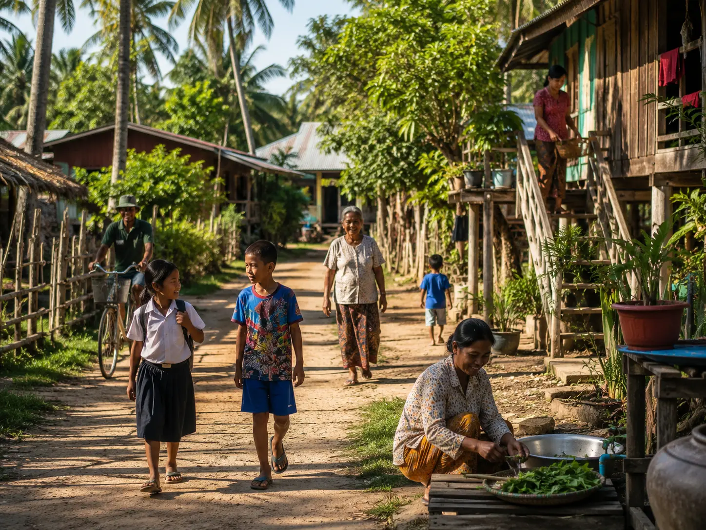 Children and adults going about daily life along a village lane lined with wooden homes