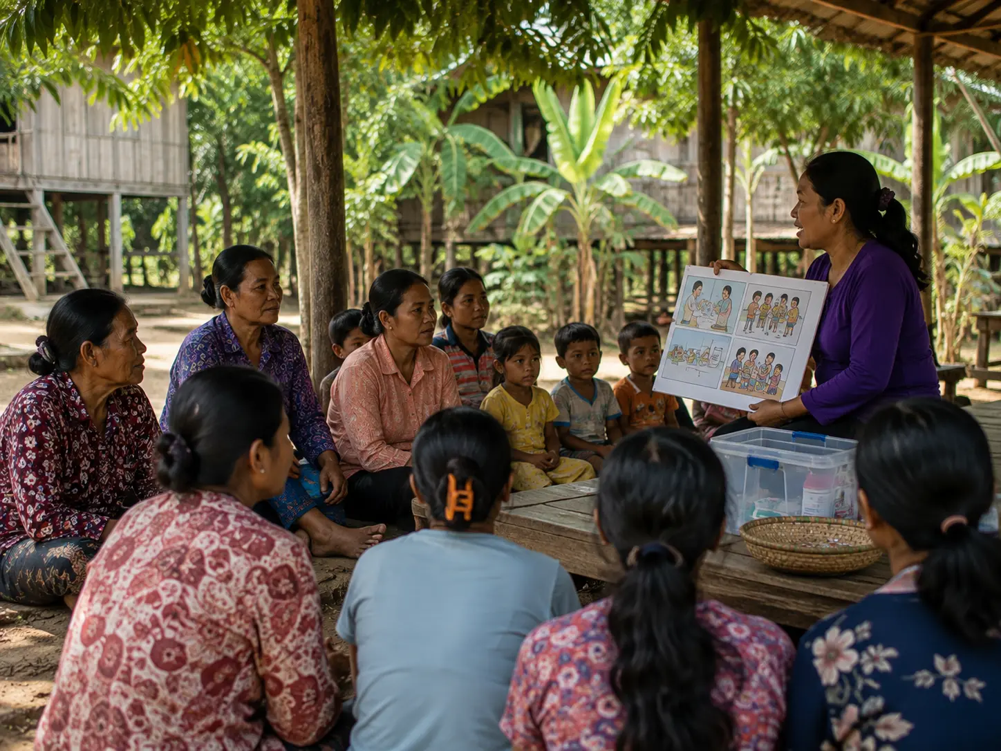 A woman holding an illustrated health poster while seated villagers listen