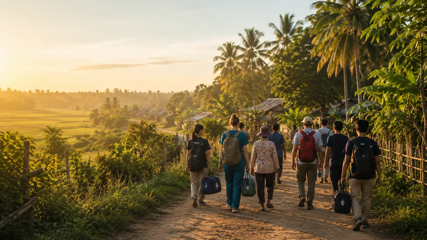 A group of people carrying medical bags walking along a dirt road into a village at sunrise