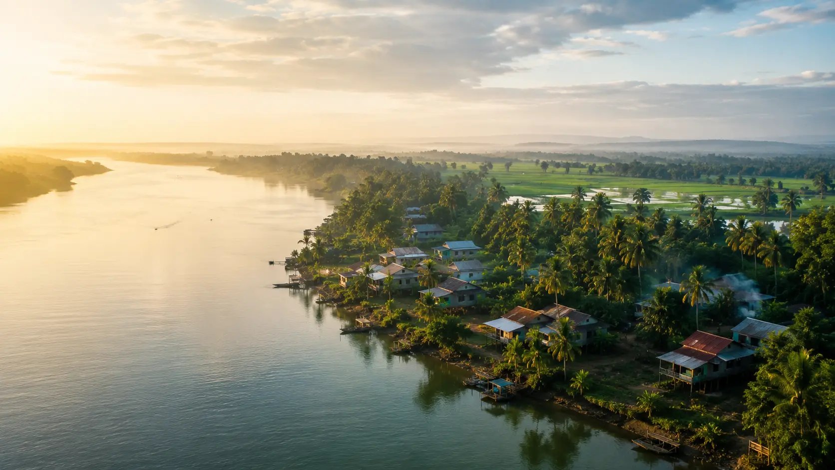 Aerial view of a riverside village surrounded by palm trees and rice fields at sunrise