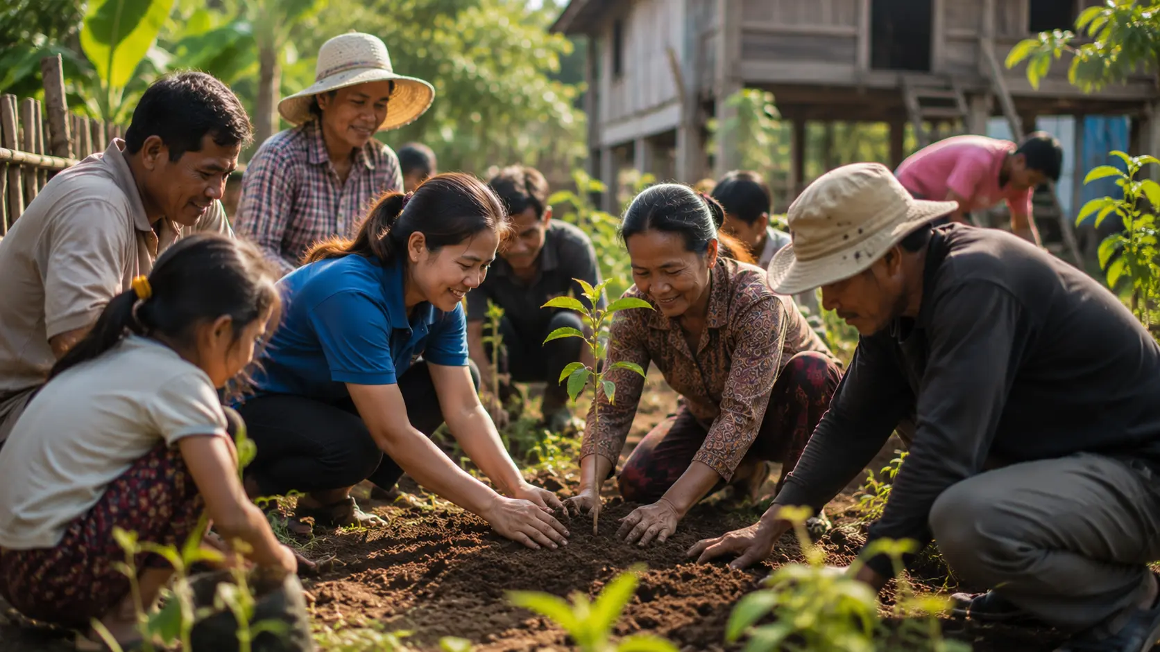 A group of adults and children planting a young tree together in a village garden