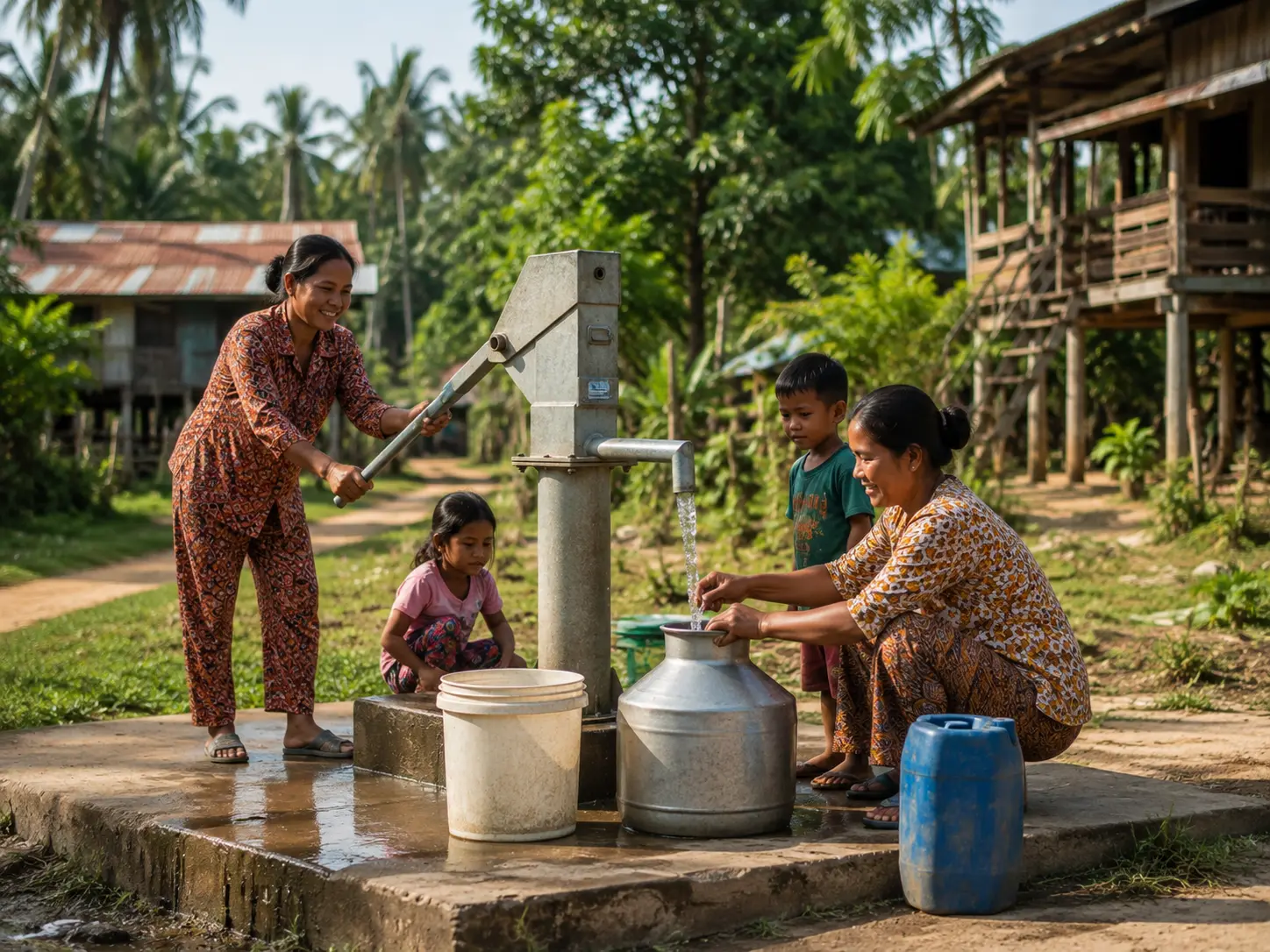 Villagers filling containers with water from a hand pump in a rural village