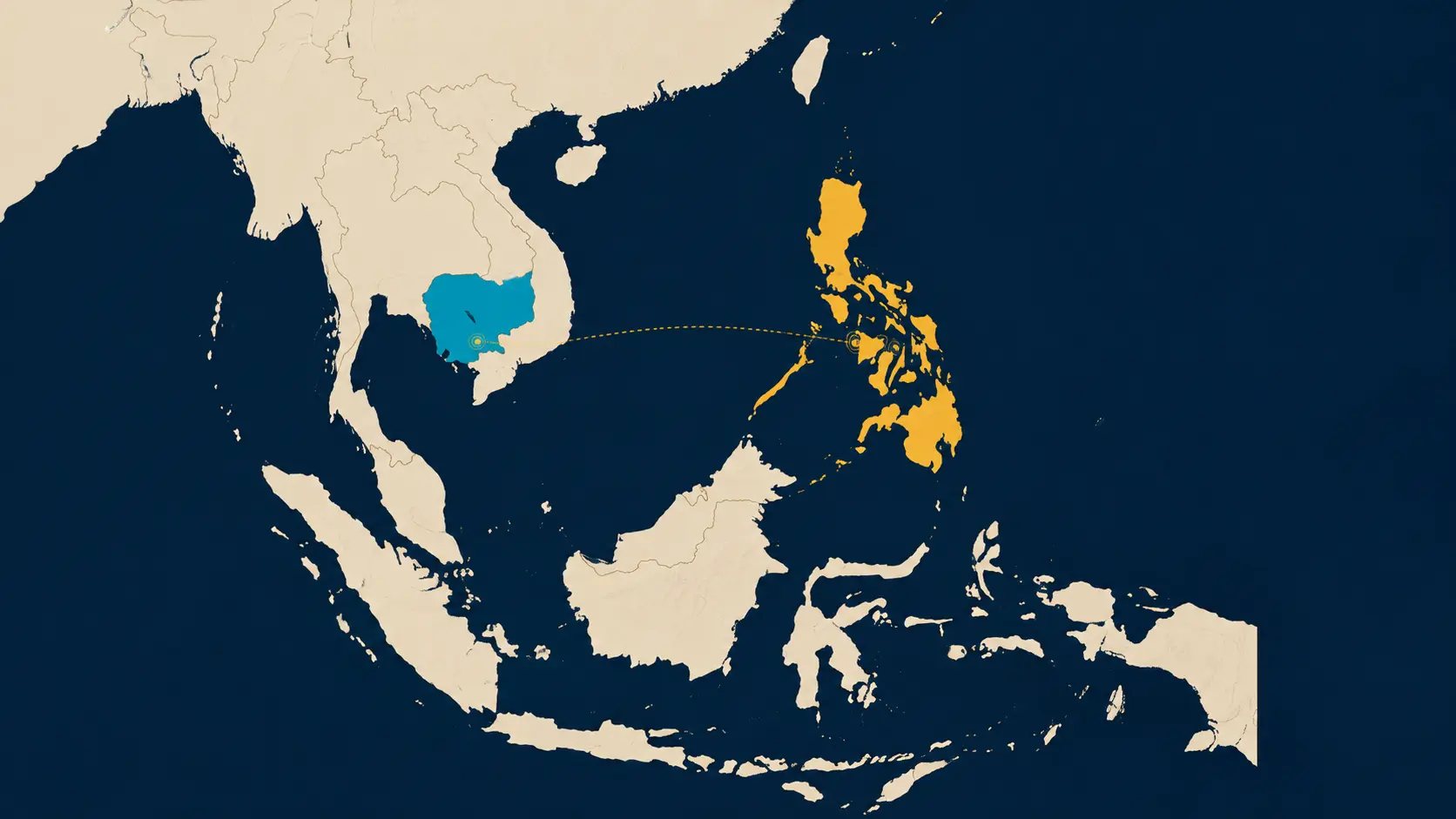 Map of Southeast Asia highlighting Cambodia and the Philippines connected by a dotted line