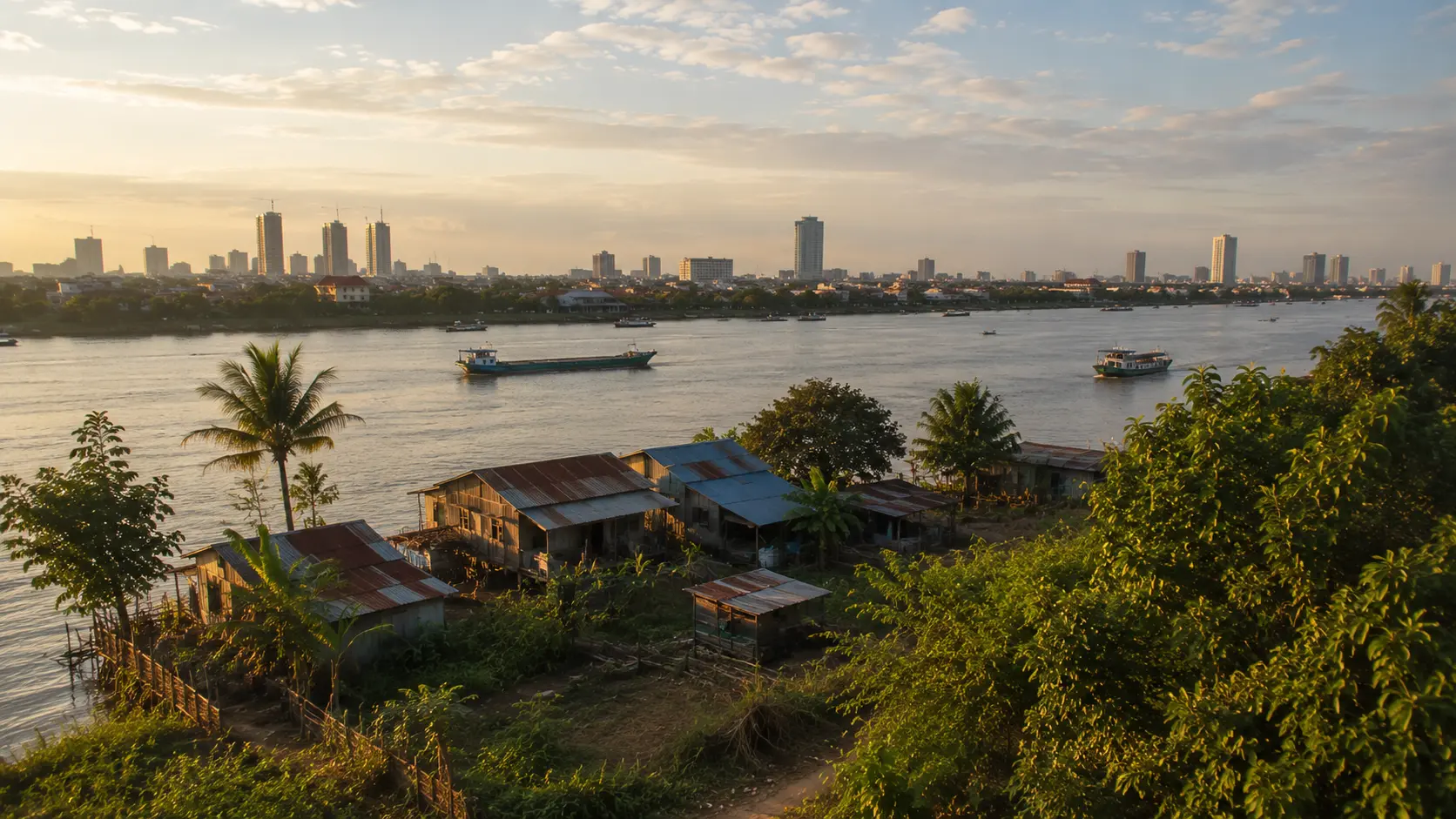 Stilt houses and greenery along a wide river with the Phnom Penh skyline across the water