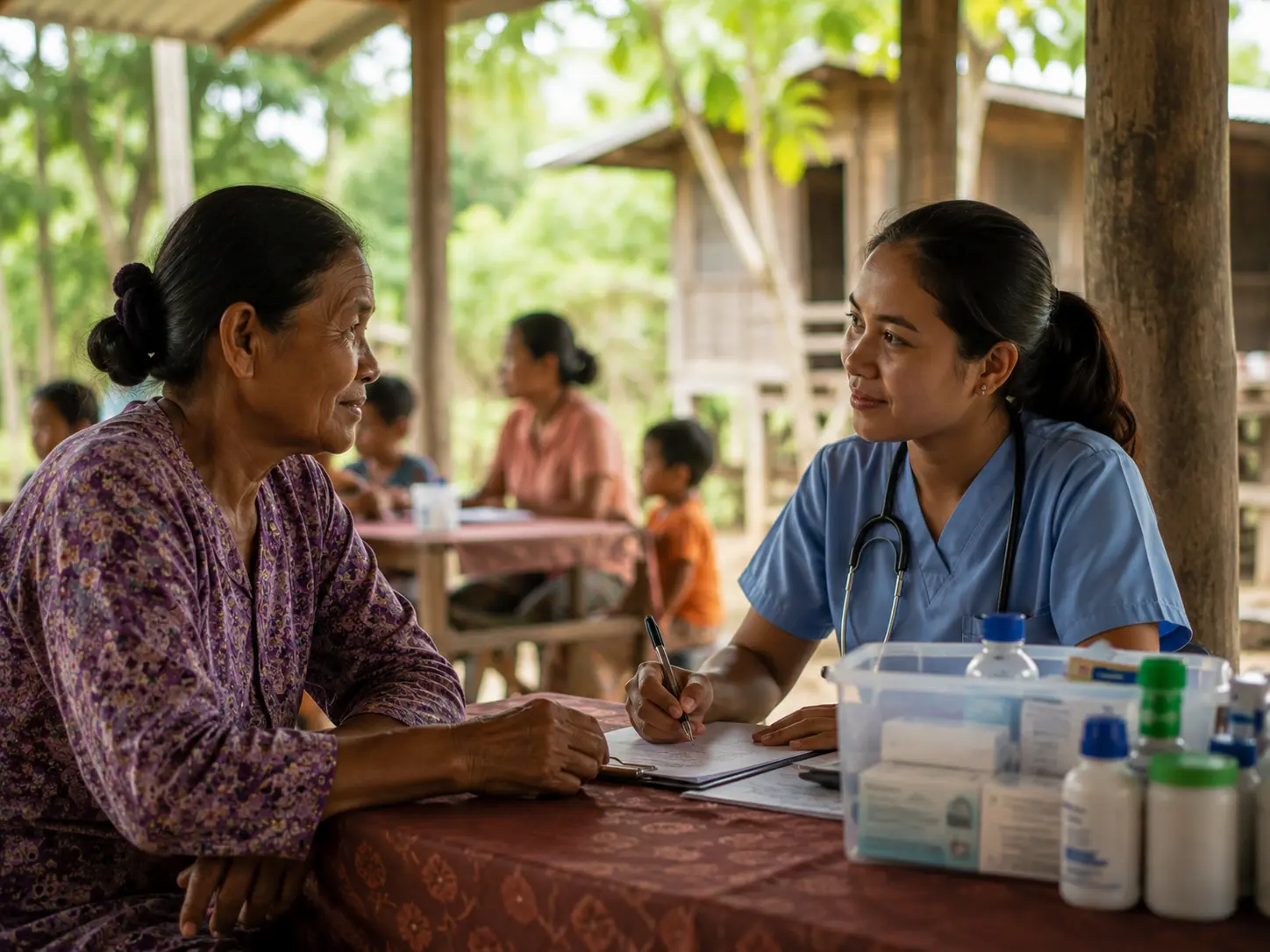A health worker in scrubs taking notes while speaking with a woman at an outdoor table